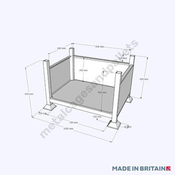 Technical drawing of stillage with solid sides and open front.